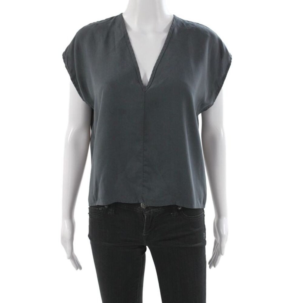 Designer Women Basic Gray V-Neck Tencel Blouse Short Sleeve Pullover Size S